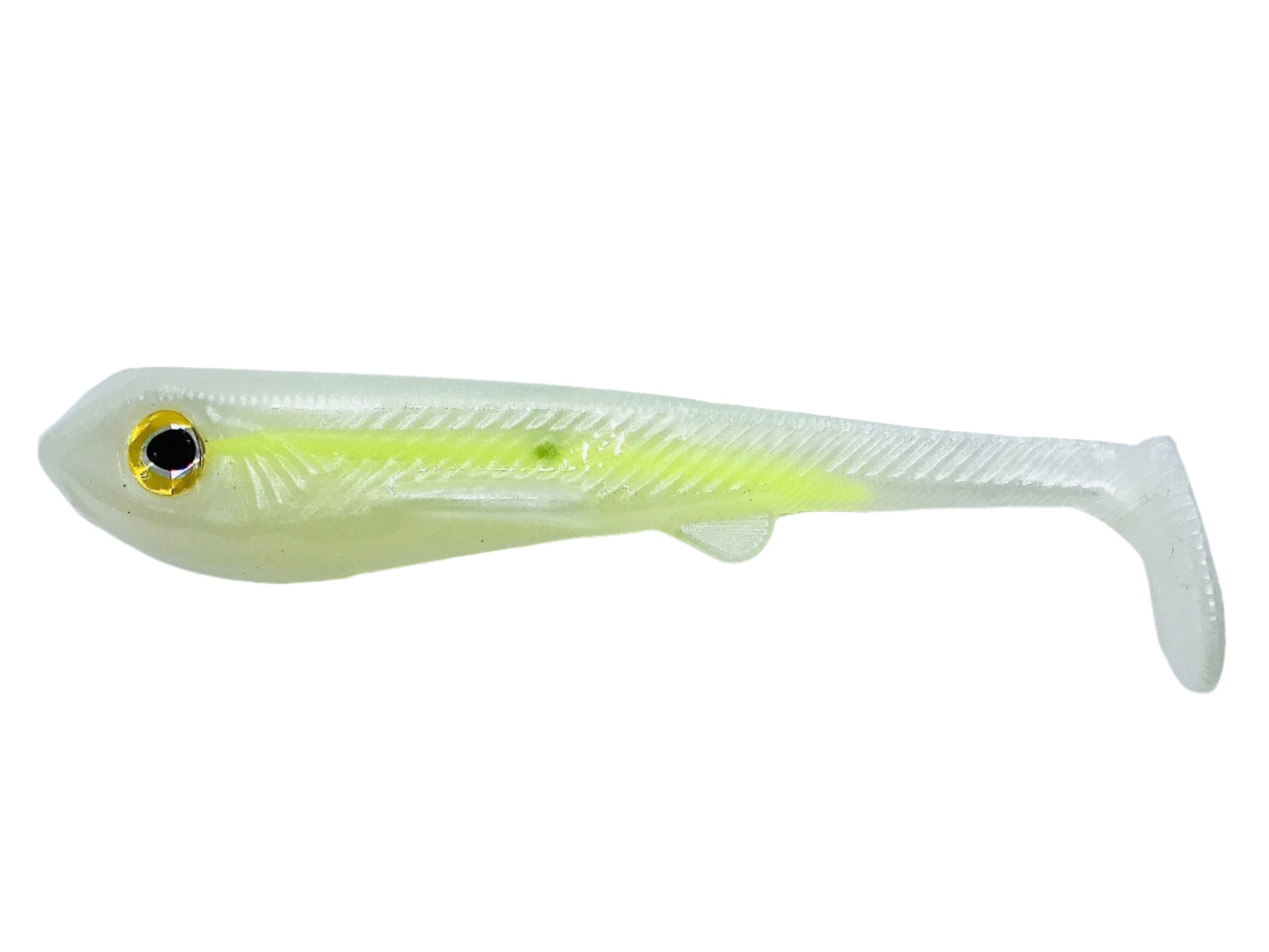 The Ignite Baits Hand Poured Swimbait is a Midwest-made, soft plastic lure with a translucent body, yellow side stripe, black and gold eye, and paddle tail—expertly crafted by Ignite Baits to mimic a small fish.