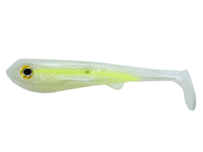 The Ignite Baits Hand Poured Swimbait is a Midwest-made, soft plastic lure with a translucent body, yellow side stripe, black and gold eye, and paddle tail—expertly crafted by Ignite Baits to mimic a small fish.