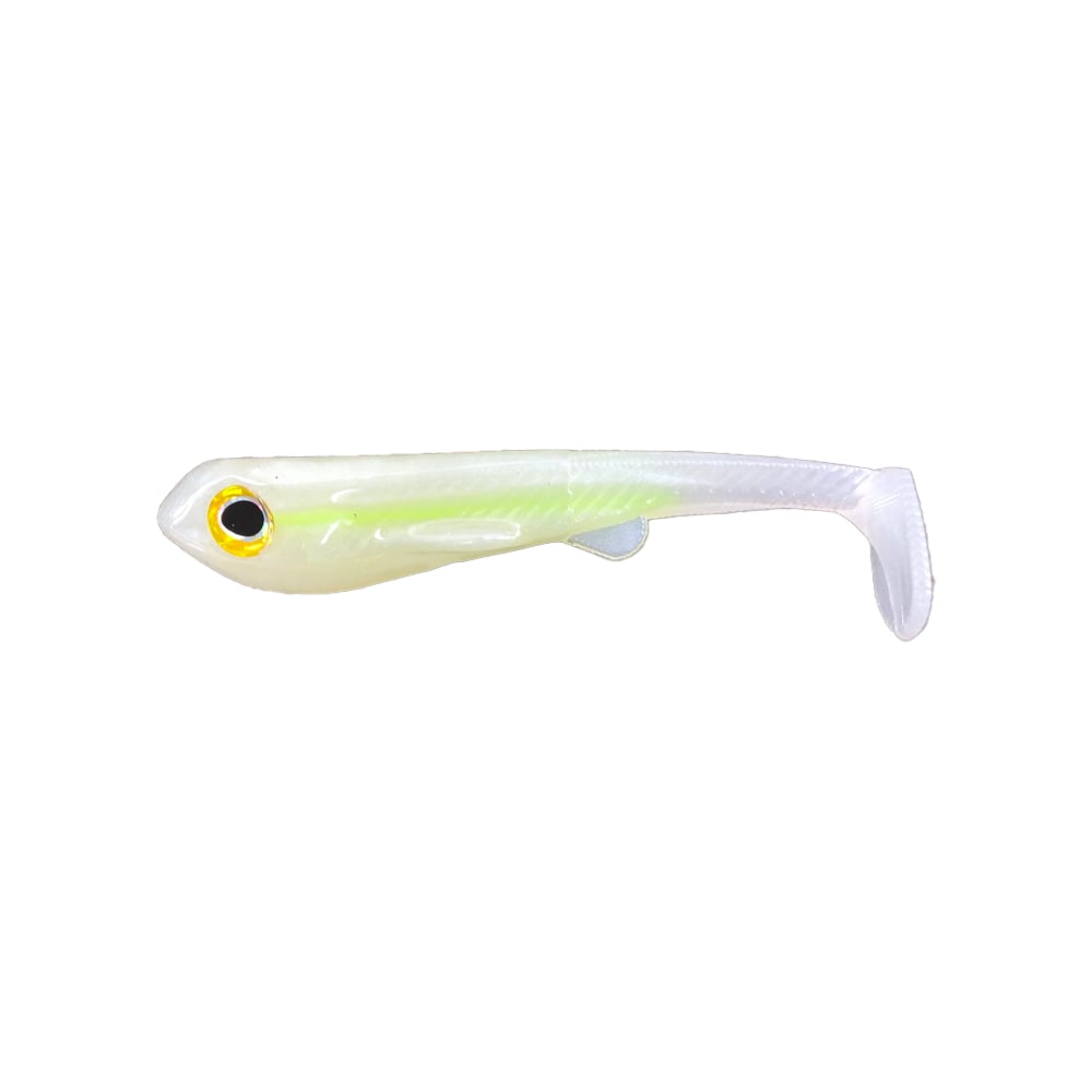 The Ignite Baits Hand Poured Swimbait by Ignite Baits is a soft plastic, fish-shaped swimbait featuring a translucent white body with a yellow stripe, vivid yellow and black eye, paddle tail, and unique Midwest-made custom colors.