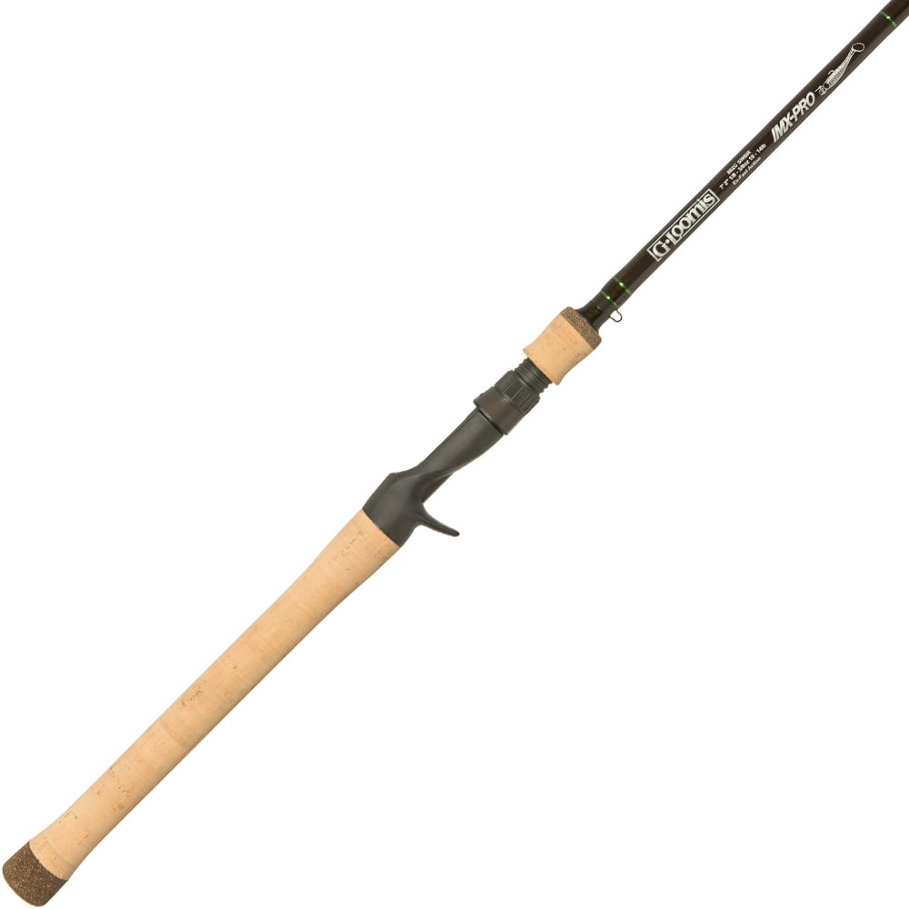 The G. Loomis IMX-PRO Swimbait 862C SWBR 7'2" Medium Casting Rod (12895-01) is shown with a cork handle, black reel seat, and green and white branding near the top against a plain white background.