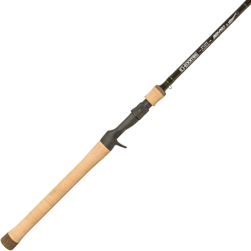 A fishing rod with a long, light brown cork handle and black reel seat, labeled "Micro Pro" and "Cortland," resembles the G. Loomis IMX-PRO Swimbait 863C SWBR 7'2" Medium Heavy Casting Rod (12896-01) by G. Loomis.