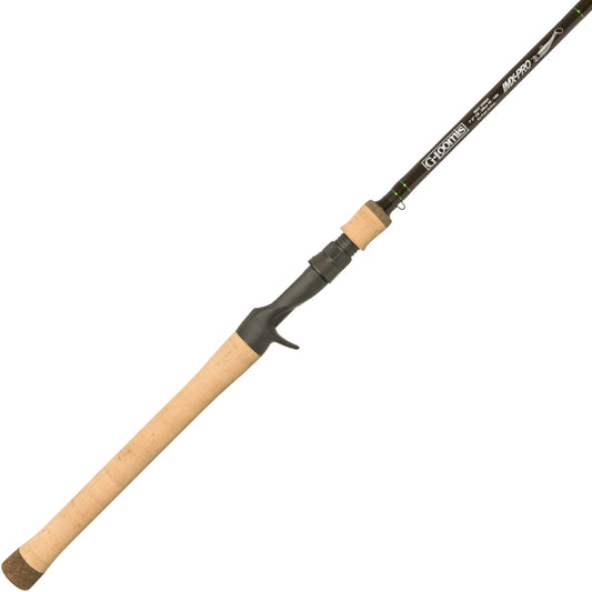 A fishing rod with a long, light brown cork handle and black reel seat, labeled "Micro Pro" and "Cortland," resembles the G. Loomis IMX-PRO Swimbait 863C SWBR 7'2" Medium Heavy Casting Rod (12896-01) by G. Loomis.