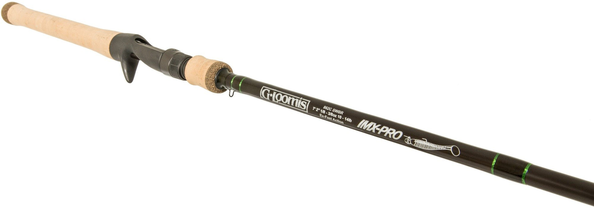 A G. Loomis IMX-PRO Swimbait 863C SWBR 7'2" Medium Heavy Casting Rod (12896-01) with a cork handle and trigger grip is pictured against a white background.