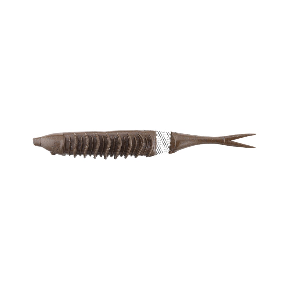 The Jackall Bounty Fish by Jackall is a brown jerkbait-style soft lure shaped like a small fish with detailed ridges and a textured middle band. Its pointed head, forked tail, and Net-Joint System enhance realistic movement for walk-the-dog action. Displayed against a plain white background.
