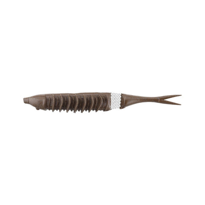 The Jackall Bounty Fish by Jackall is a brown jerkbait-style soft lure shaped like a small fish with detailed ridges and a textured middle band. Its pointed head, forked tail, and Net-Joint System enhance realistic movement for walk-the-dog action. Displayed against a plain white background.
