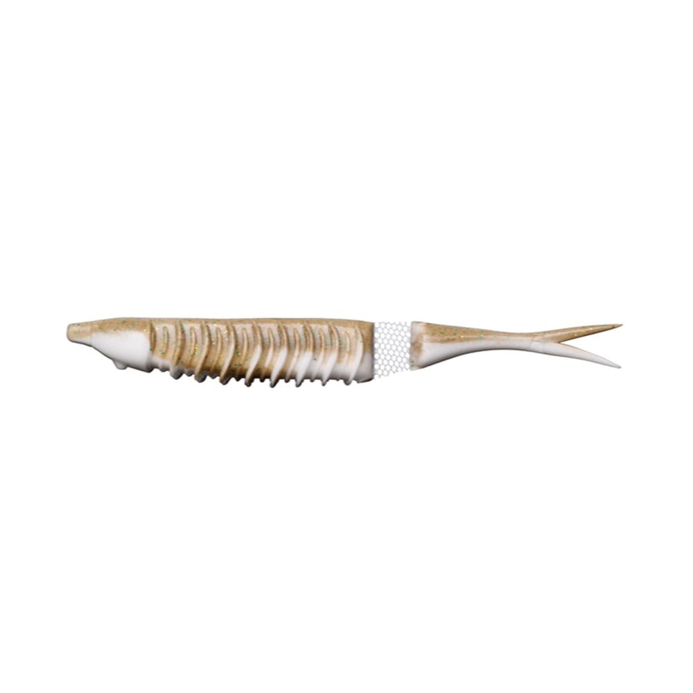 The Jackall Bounty Fish by Jackall is a segmented fishing lure with a ribbed body and forked tail, offering soft jerkbait-style action in brown and white tones.