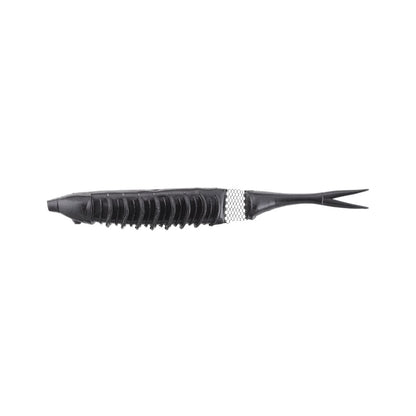 The Jackall Bounty Fish comb, in black with fine teeth, resembles a walk-the-dog bait, having a fish-like shape. It features a textured silver grip in the middle and ends with a pointed tail, set against a white background.