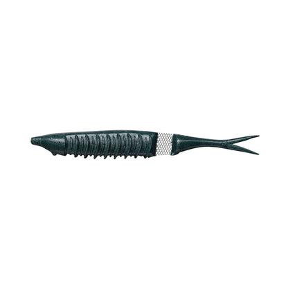 The Jackall Bounty Fish is a dark green, ribbed plastic lure shaped like a small fish with a segmented body and forked tail. It features a shiny silver band near the center, and its soft jerkbait-style design is perfect for enticing strikes.