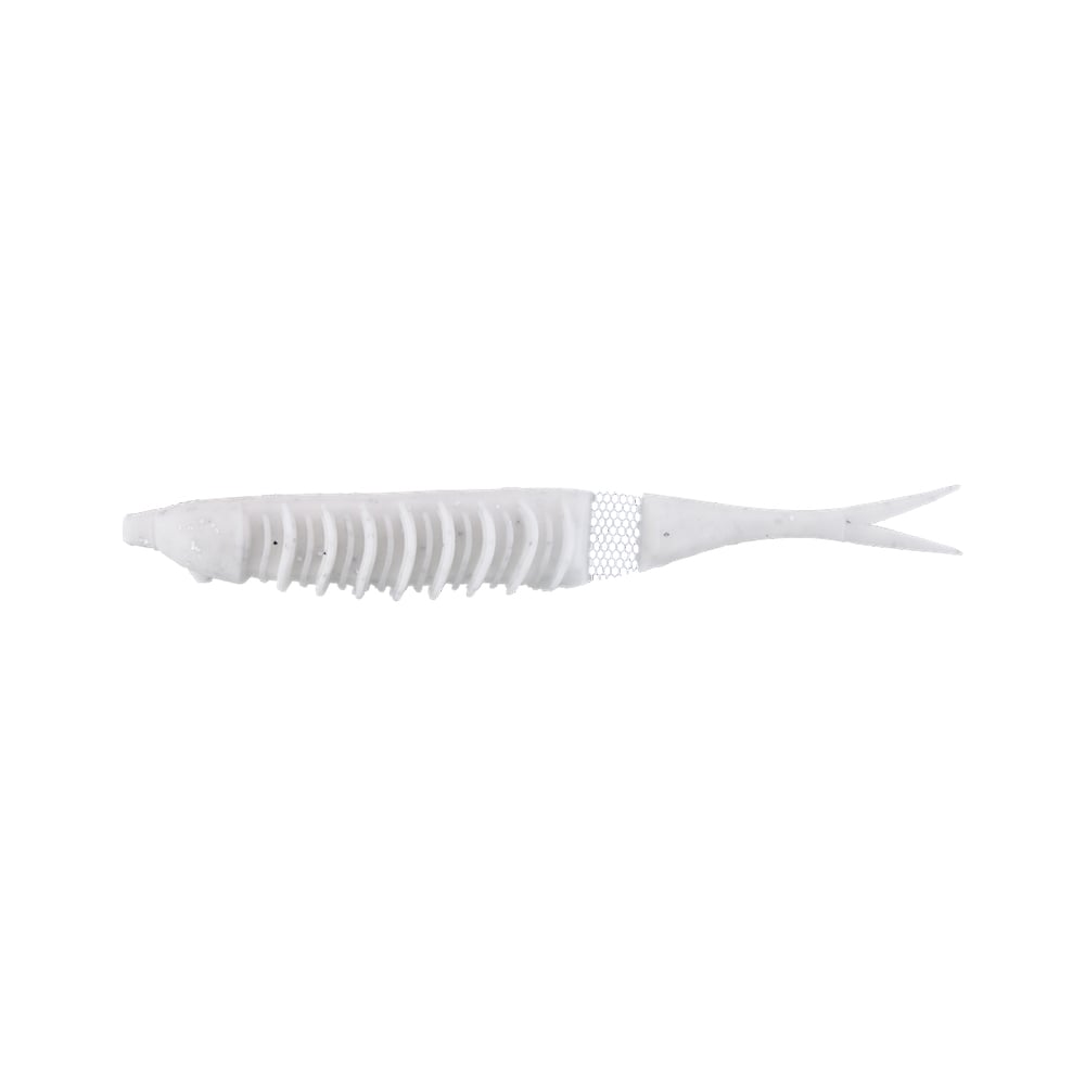 The Jackall Bounty Fish is a white, ribbed lure with a forked tail and an elongated body, ideal for performing a walk-the-dog action.