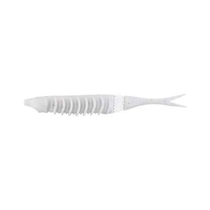 The Jackall Bounty Fish is a white, ribbed lure with a forked tail and an elongated body, ideal for performing a walk-the-dog action.