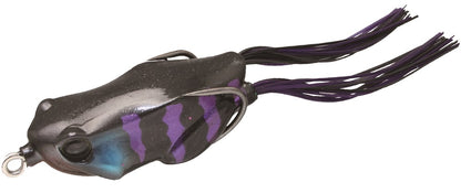 The Jackall Kaera Frog by Jackall, a black and purple fishing lure with a hollow body and frayed rubbery tail strands, has a shiny finish for improved hook-up ratio.