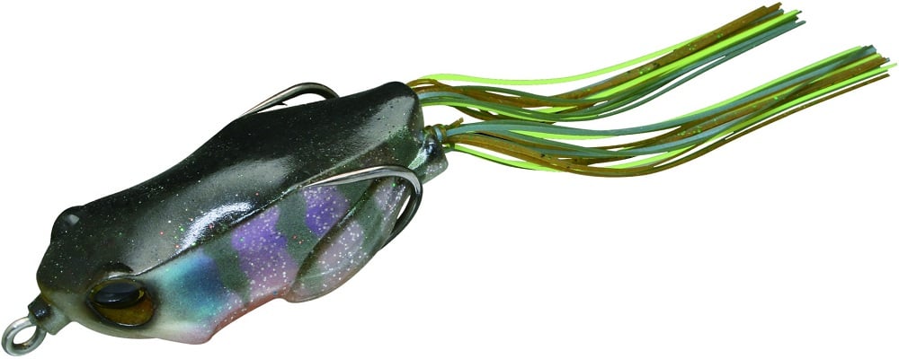Discover the Jackall Kaera Frog, a realistic frog-shaped fishing lure by Jackall, featuring a black and green body with iridescent purple accents and multiple green and yellow rubber leg strands. Its hollow body design houses two side hooks for an exceptional hook-up ratio.