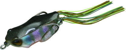 Discover the Jackall Kaera Frog, a realistic frog-shaped fishing lure by Jackall, featuring a black and green body with iridescent purple accents and multiple green and yellow rubber leg strands. Its hollow body design houses two side hooks for an exceptional hook-up ratio.