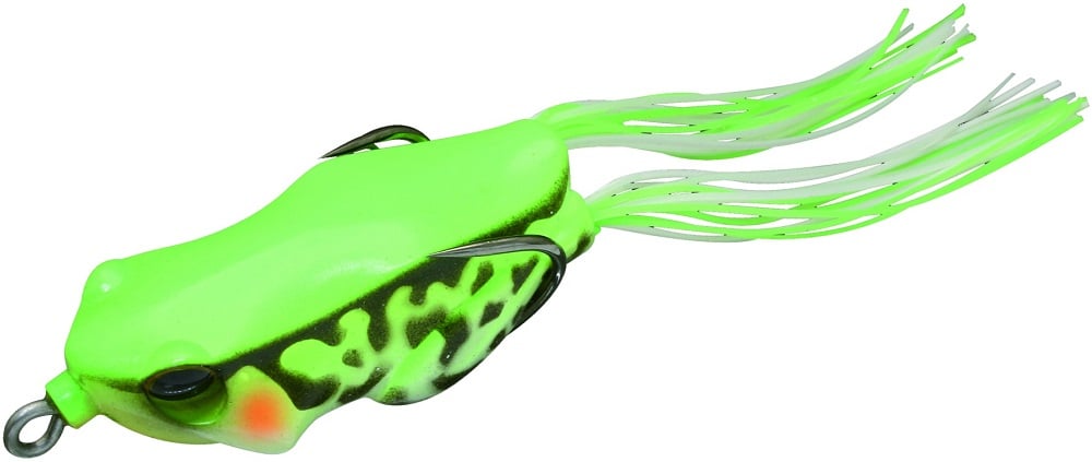 Introducing the Jackall Kaera Frog, a lime green and black frog-shaped lure with a hollow body and weighted design for excellent hook-up. Equipped with two sharp black hooks, it features long neon green and white rubber strands trailing from the back.