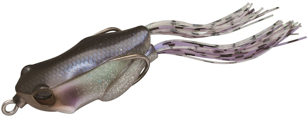 The Jackall Kaera Frog by Jackall is a realistic frog-shaped lure with dual wide hooks, purple and silver tassels, and a textured hollow body that fades from dark to light gray, expertly mimicking real frog movements in water.