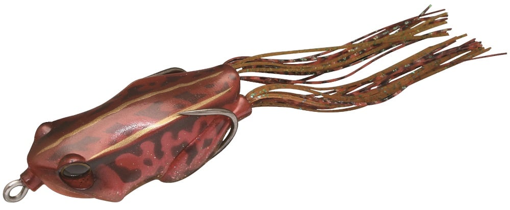 The Jackall Kaera Frog by Jackall is a fishing lure featuring a red and brown spotted design, tassel-like appendages, wide hooks beneath, and a hollow body to imitate a frog’s appearance for effective fishing.