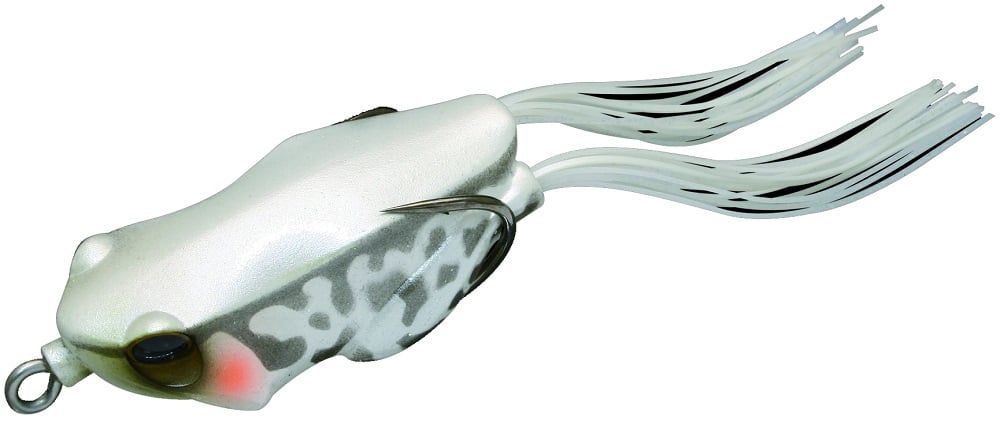 The Jackall Kaera Frog is a realistic, white, hollow body frog-shaped lure with gray spots and flexible tail strands. It includes wide hooks on its back and detailed eyes that mimic a real frog for an authentic fishing experience.