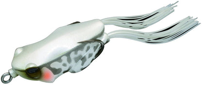 The Jackall Kaera Frog is a realistic, white, hollow body frog-shaped lure with gray spots and flexible tail strands. It includes wide hooks on its back and detailed eyes that mimic a real frog for an authentic fishing experience.
