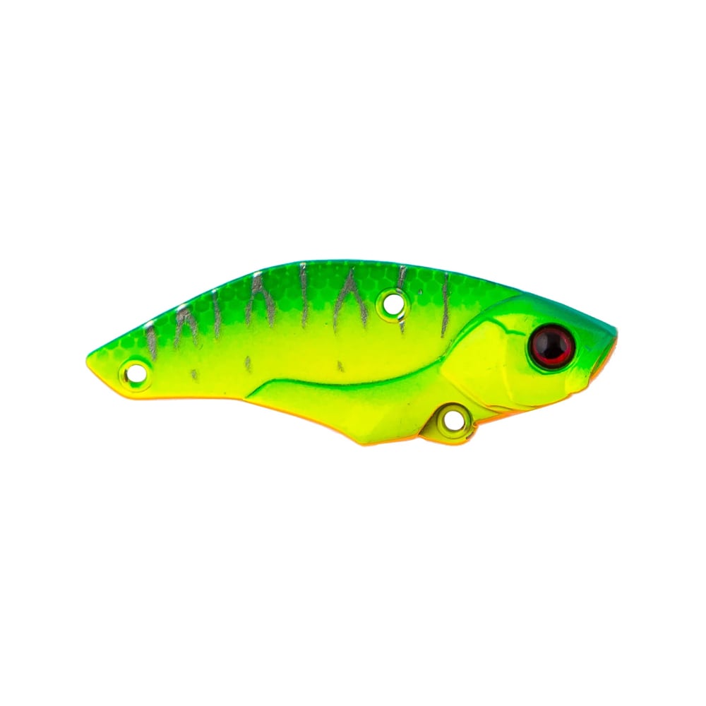 The Jackall Keeburn Blade Bait by Jackall features a green and yellow fish-like body, dark vertical stripes, two top holes, a red eye, and white accents—ideal for anglers seeking the distinct action of a blade bait.