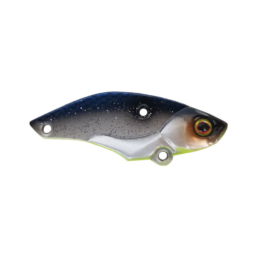 The Jackall Keeburn Blade Bait by Jackall features a realistic fish-shaped blue and silver body, yellow-black eye, and multiple line-attachment holes along its edges—ideal for vibration lure fishing.