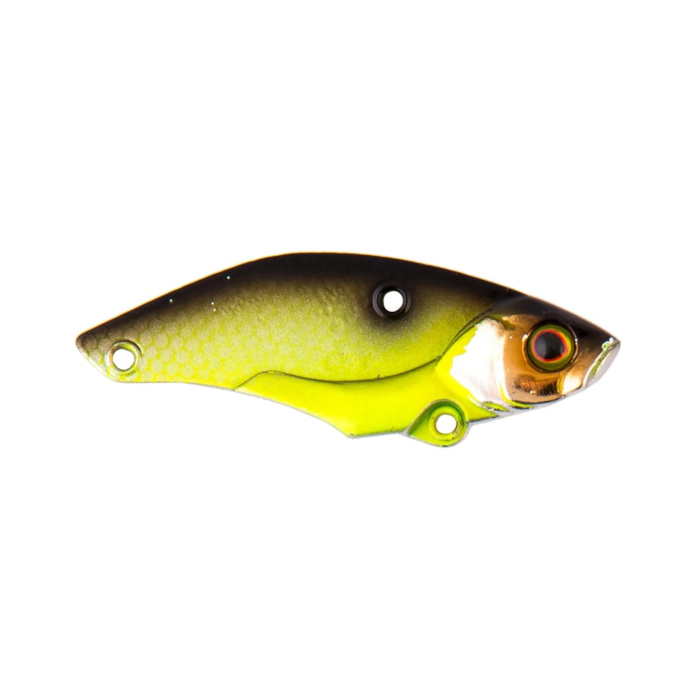The Jackall Keeburn Blade Bait by Jackall is a vibrant, fish-shaped vibration lure featuring a green-yellow gradient body, orange-black head detailing, and two holes for versatile fishing line attachment.