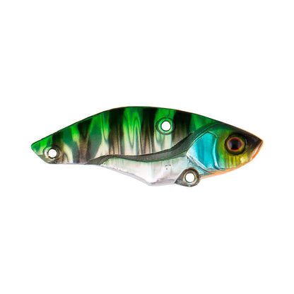 The Jackall Keeburn Blade Bait by Jackall is a vibrant fish-shaped lure with green, black, silver, and blue patterns, an orange eye, and two holes for hook or line attachment—a classic vibration blade bait design.