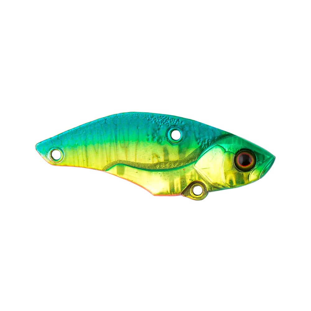 The Jackall Keeburn Blade Bait by Jackall is a colorful, fish-shaped lure with a metallic green, yellow, and blue gradient, lifelike scale details, red and black eye, and three holes for attaching fishing line and hooks.