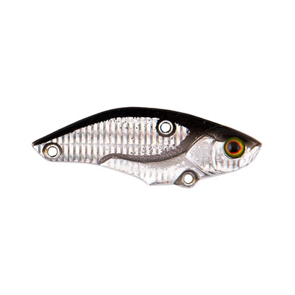 The Jackall Keeburn Blade Bait by Jackall is a silver, fish-shaped lure with a black back, orange-yellow eye, two attachment holes, and a textured scale-like surface for realistic vibration to attract fish.