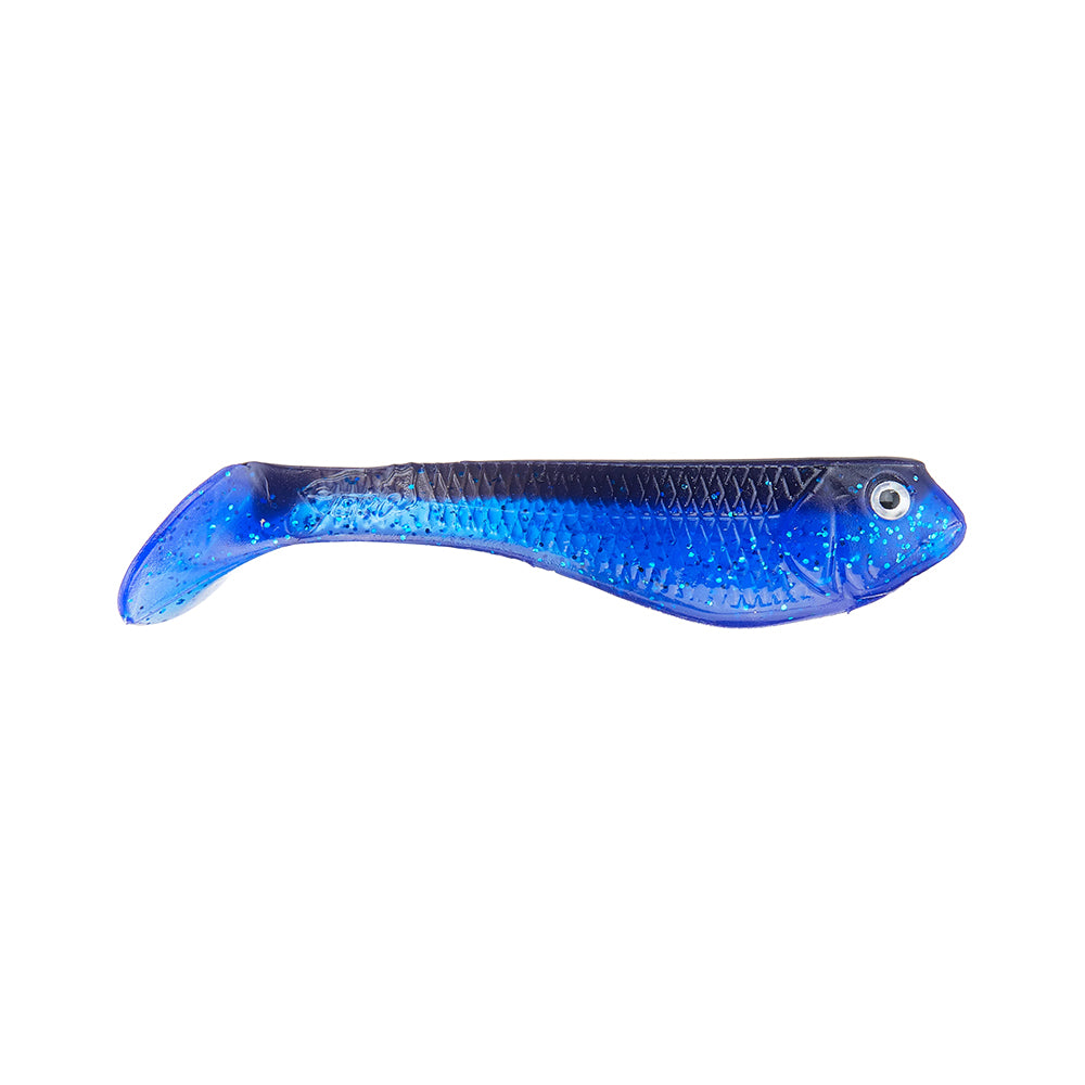 The Jenko Fishing Booty Shaker Swimbaits by Jenko Fishing is a blue and black soft plastic lure shaped like a small fish, featuring a paddle tail and realistic eye design.