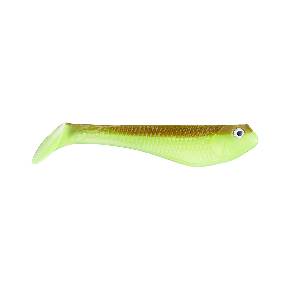 The Jenko Fishing Booty Shaker Swimbaits by Jenko Fishing are soft plastics shaped like small fish, featuring light green and yellow colors, a textured body, a curved tail, and one painted eye.