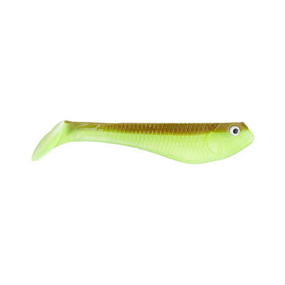 The Jenko Fishing Booty Shaker Swimbaits by Jenko Fishing are soft plastics shaped like small fish, featuring light green and yellow colors, a textured body, a curved tail, and one painted eye.