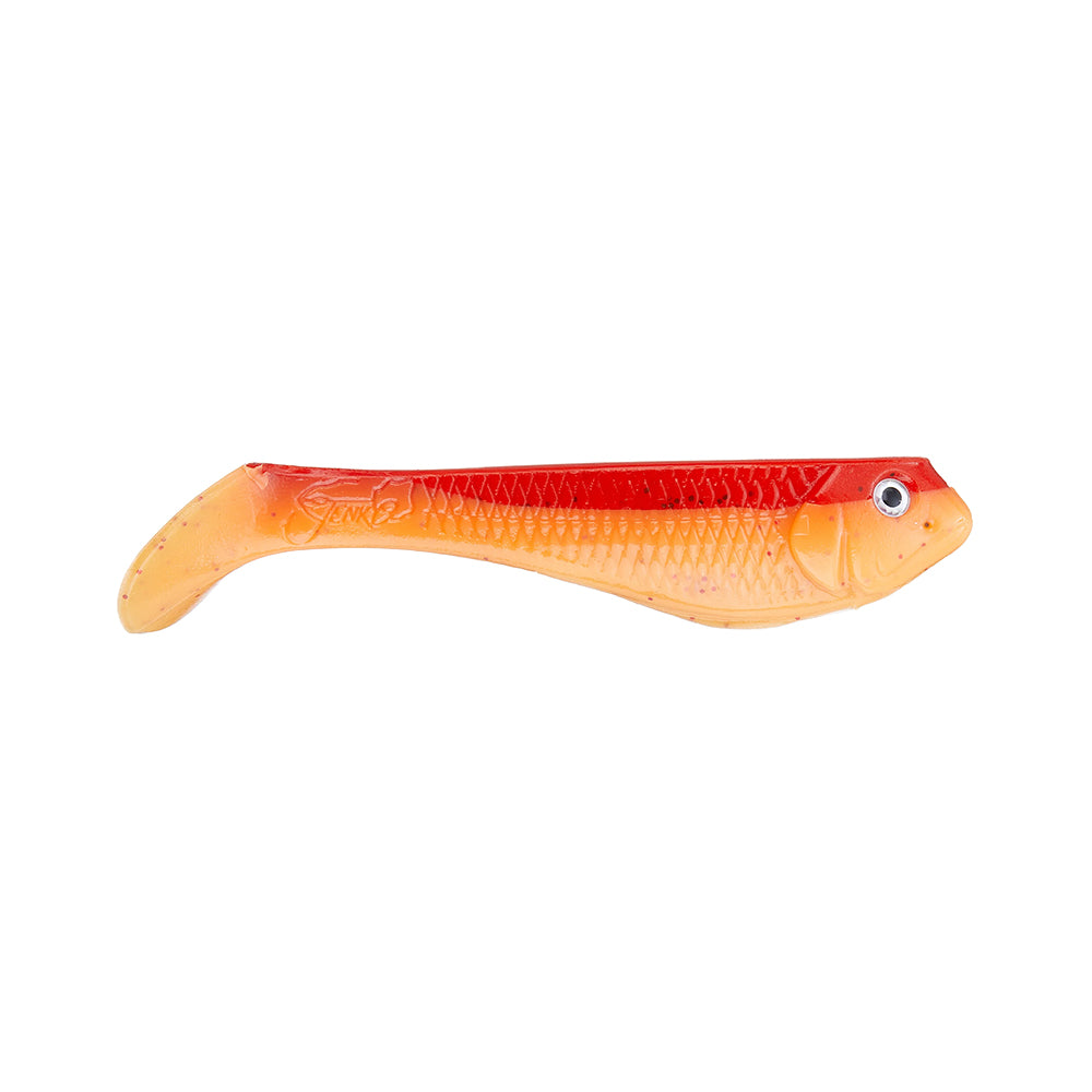 The Jenko Fishing Booty Shaker Swimbait is a soft plastic lure shaped like a fish, featuring a gradient from orange at the tail to red on the top and head, finished with a single painted eye.