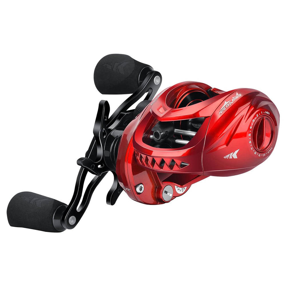 KastKing MegaJaws Elite Casting Reel Red 9.1:1 RH | KRLCSTMJE-91RRE-C - Left Side