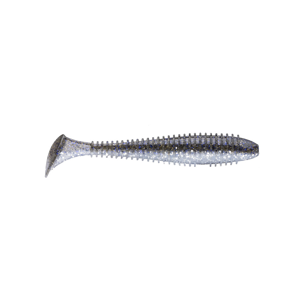 The Keitech Swing Impact Fat Swimbait 2.8" is a soft plastic lure by Keitech, shaped like a small fish, gray with silver flecks, with a ribbed body and paddle tail, shown on a white background.