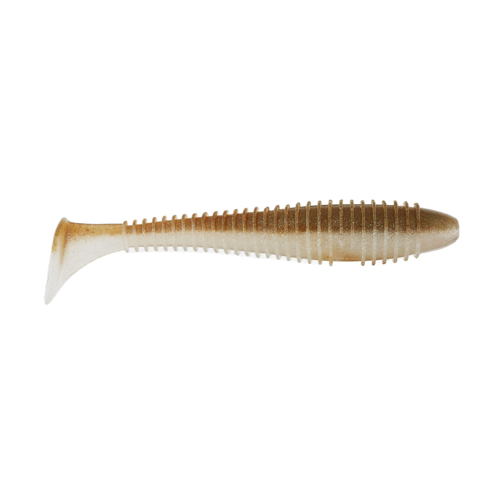 The Keitech Swing Impact Fat Swimbait 3.8" by Keitech is a soft plastic lure in light brown and white with a ribbed body and paddle tail, shown on a white background.