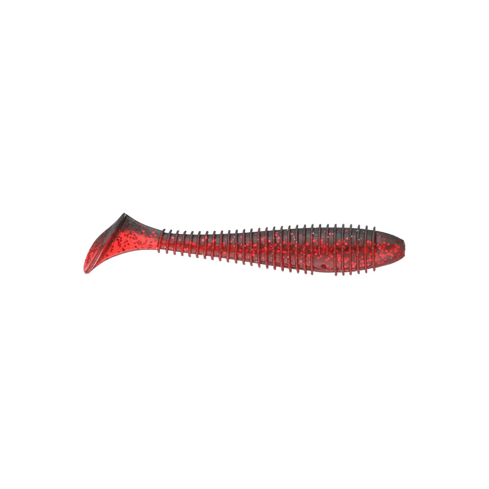 The Keitech Swing Impact Fat Swimbait 2.8" by Keitech features a ribbed body, red and black colors, and a paddle tail for lifelike fish action—ideal for attracting bites.
