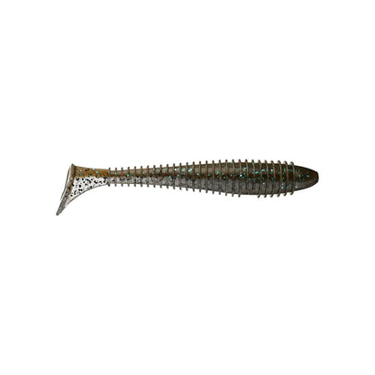 The Keitech Fat Swing Impact Swimbait by Keitech is a soft plastic lure with a ribbed body and paddle tail in dark green with blue glitter and a silver speckled underside, offering remarkable swimming action to imitate small fish.