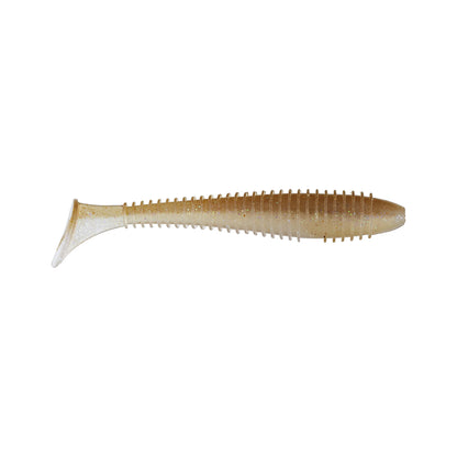 The Keitech Swing Impact Fat Swimbait 2.8", a soft, salted, light brown plastic swimbait with a ribbed body and paddle tail, is shaped like a small fish and shown on a white background.