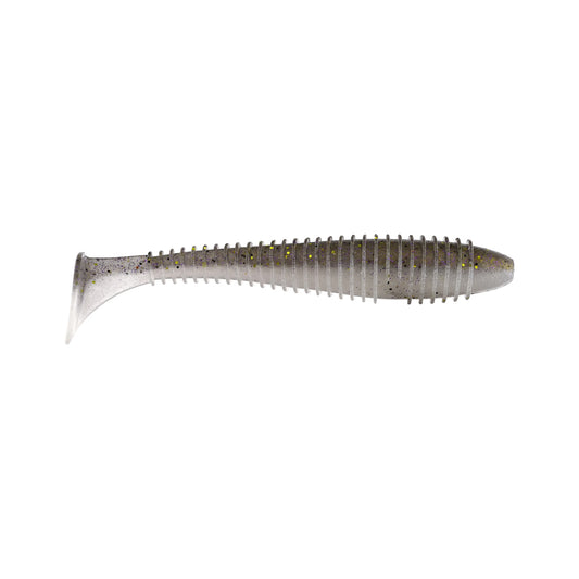 The Keitech Swing Impact Fat Swimbait 3.3" by Keitech is a soft, salted plastic lure shaped like a small fish—gray with dark speckles and yellow dots, ribbed body, paddle tail—shown on a white background.