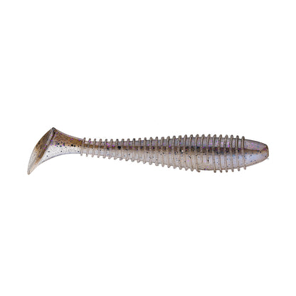 The Keitech Swing Impact Fat Swimbait 3.8" is a soft plastic lure from Keitech, featuring a ribbed body and paddle tail in a translucent, glitter-specked finish for realistic fish-like action.