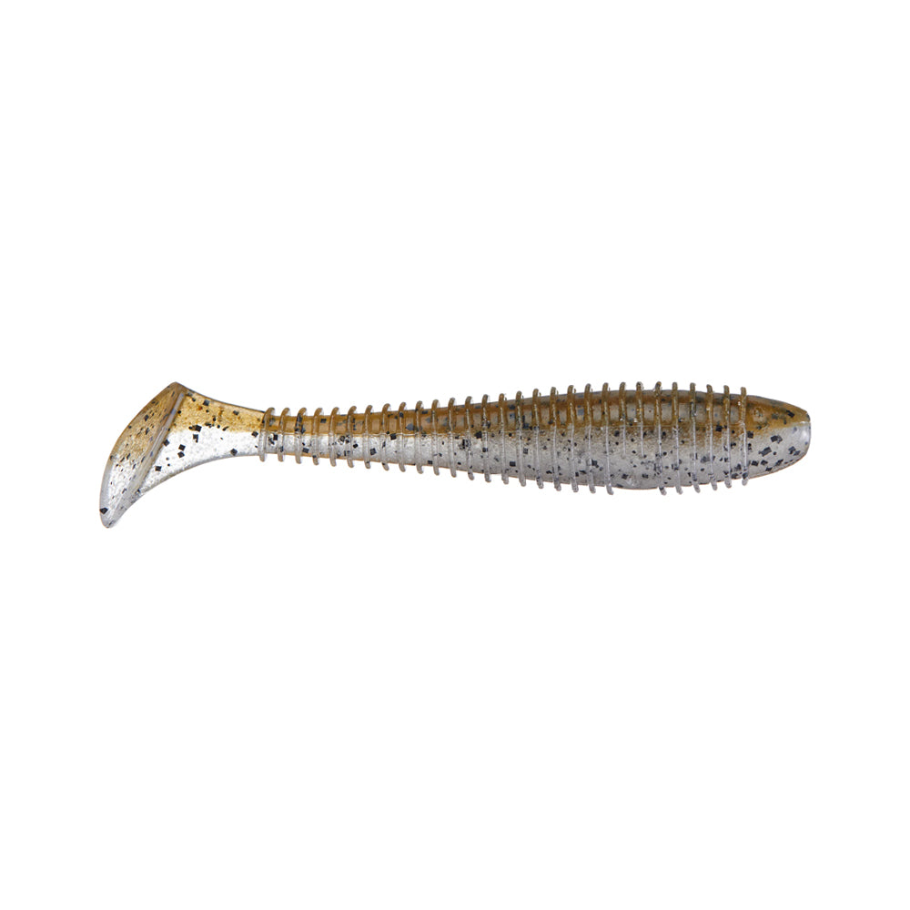 The Keitech Swing Impact Fat Swimbait 3.8" by Keitech features a ribbed body, paddle tail, and a silver and gold color with black flecks, resembling a small fish. The lure is shown isolated on a white background.