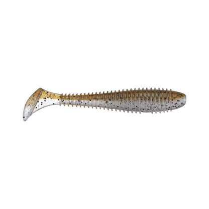 The Keitech Swing Impact Fat Swimbait 3.8" by Keitech features a ribbed body, paddle tail, and a silver and gold color with black flecks, resembling a small fish. The lure is shown isolated on a white background.