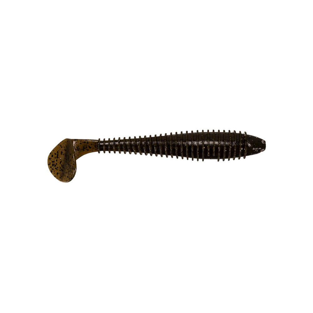 The black, ribbed swimbait with a paddle tail mimics a small fish for enticing swimming action. Resembling its natural prey, this lure offers quality akin to Keitech Fat Swing Impact and is showcased against a white background.