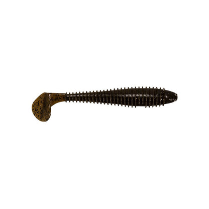 The black, ribbed swimbait with a paddle tail mimics a small fish for enticing swimming action. Resembling its natural prey, this lure offers quality akin to Keitech Fat Swing Impact and is showcased against a white background.