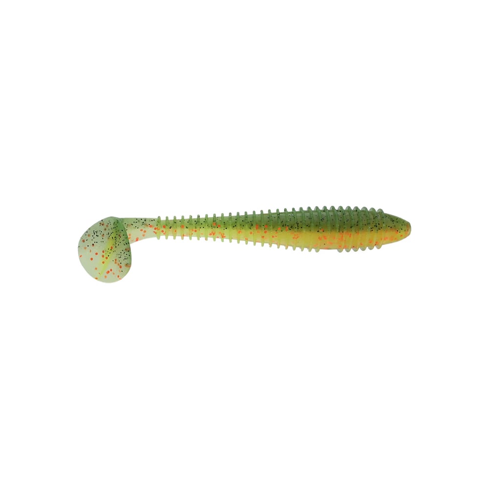 Presenting the Keitech Fat Swing Impact Swimbaits by Keitech: these soft plastic lures feature a ribbed, elongated body with a paddle tail for an enticing swimming action. Available in green with orange and red speckles.