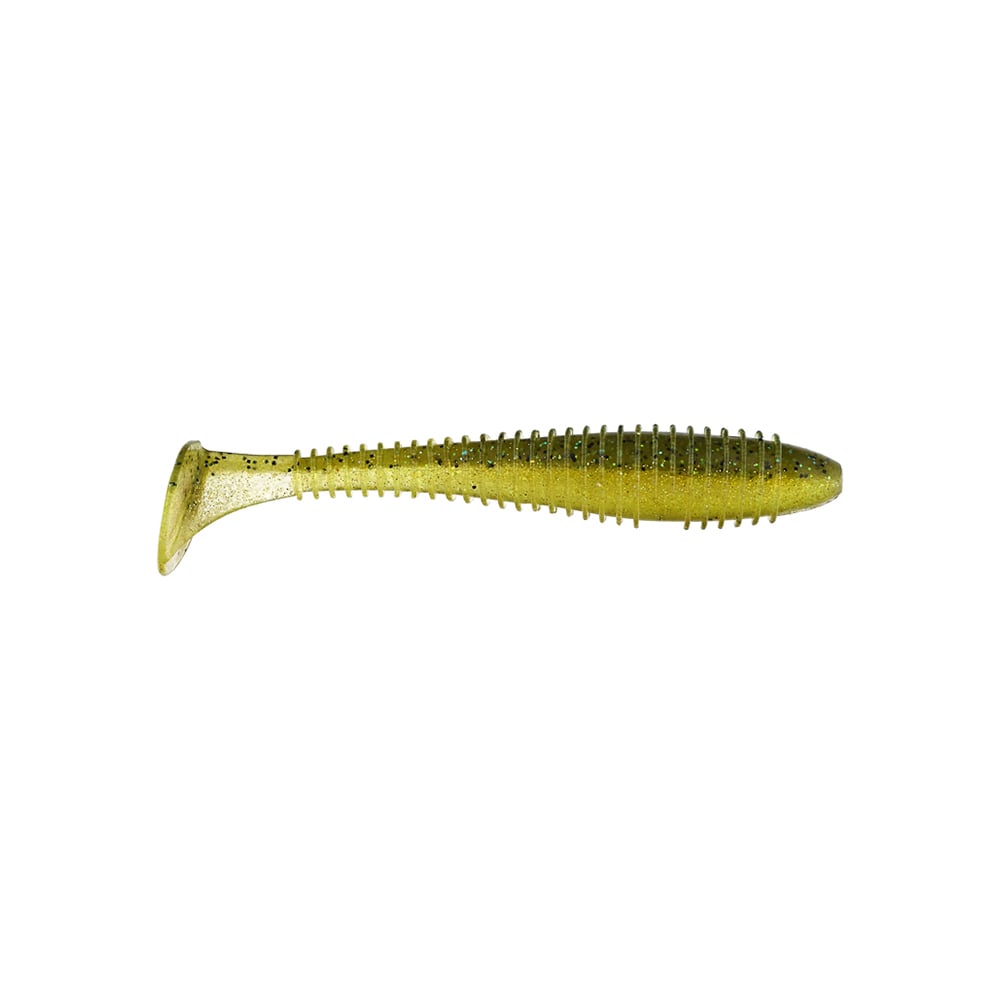 A compact, see-through green rubber fishing lure with ribs and a paddle tail, designed to mimic swimming actions like the Keitech Fat Swing Impact Swimbaits, on a white background.