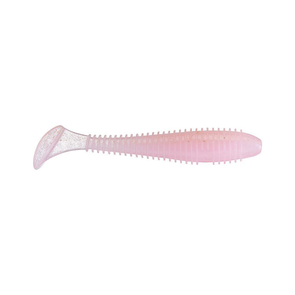 A soft pink Keitech Swing Impact Fat Swimbait 3.8" with a ribbed body and paddle tail, shown on a white background.