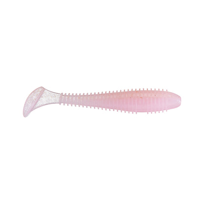 A soft pink Keitech Swing Impact Fat Swimbait 3.8" with a ribbed body and paddle tail, shown on a white background.
