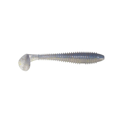 The gray, segmented soft plastic lure with a paddle tail offers impressive swimming action by expertly mimicking small baitfish. Enhanced with subtle glitter accents, it resembles the Keitech Fat Swing Impact Swimbaits, making it perfect for swimbait enthusiasts.