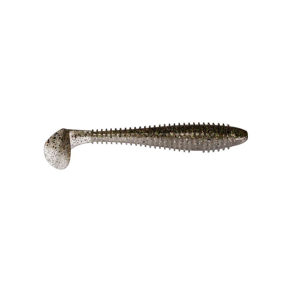 The Keitech Swing Impact Fat Swimbait 3.8" is a soft plastic bait with a ribbed body, paddle tail, and a silver and black glitter finish, isolated on a white background.